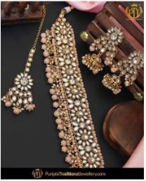 Gold Finished Kundan Peach Pearl Choker Necklace Set | Punjabi Traditional Jewellery Exclusive
