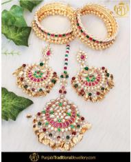 Rubby Emerald Kundan Pearl Earring Tikka Set & Bangle Set | Rawayat by Punjabi Traditional Jewellery