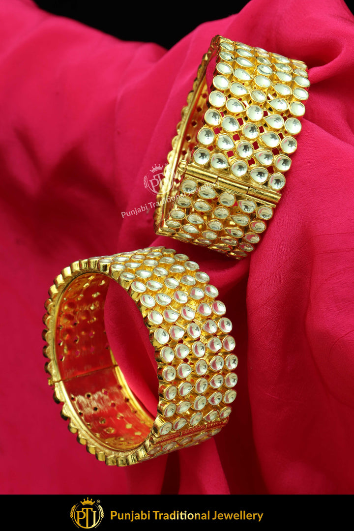 Kwairah Gold Finished Kundan Openable Karra Bangles (Pair)| Punjabi Traditional Jewellery Exclusive