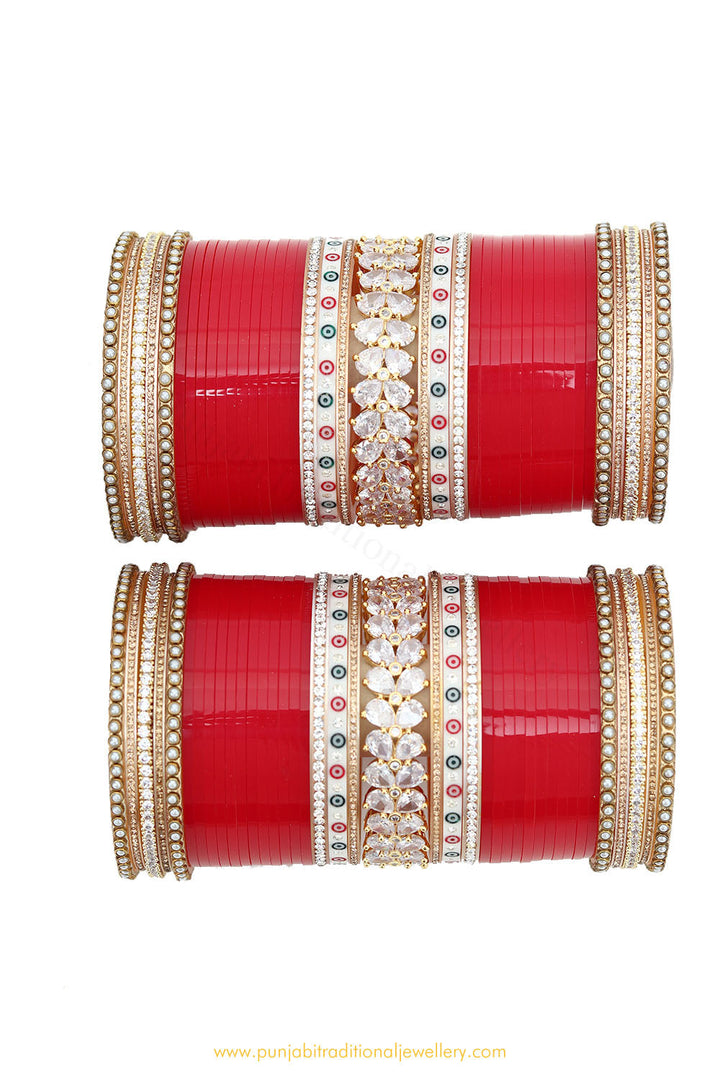 Red Colour American Diamond Dotted Bridal Chura By PTJ
