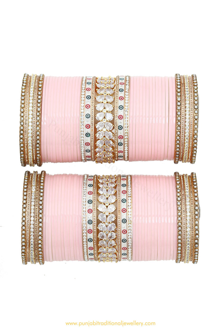 Pink Colour American Diamond Dotted Bridal Chura By PTJ