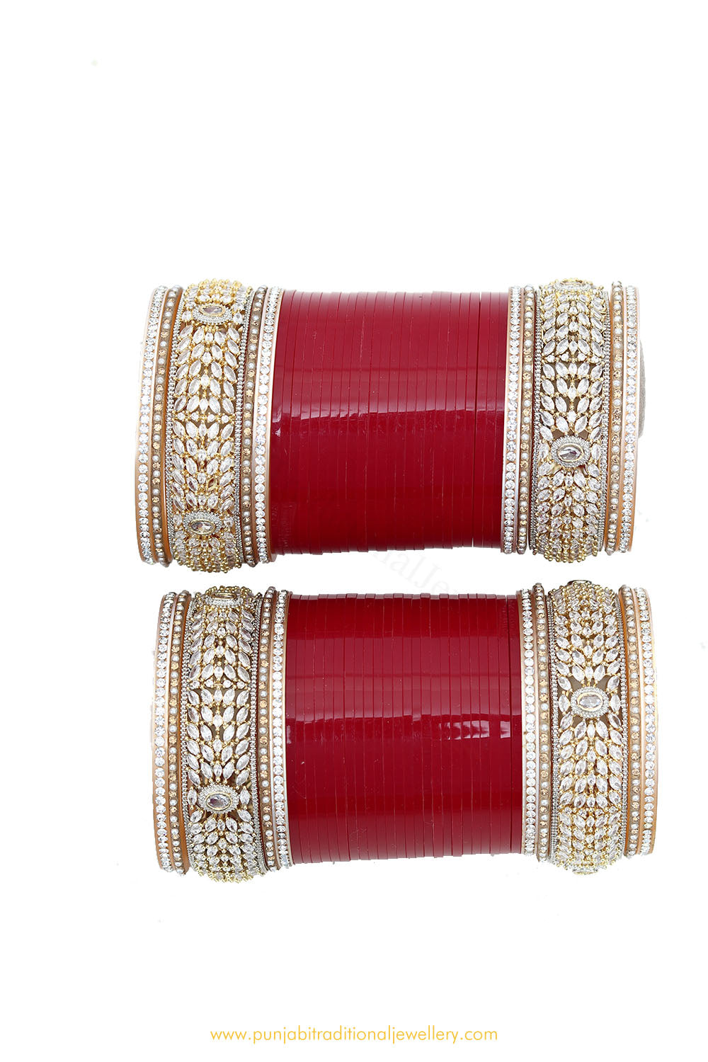 Deep Red Colour American Diamond Dotted Bridal Chura By PTJ
