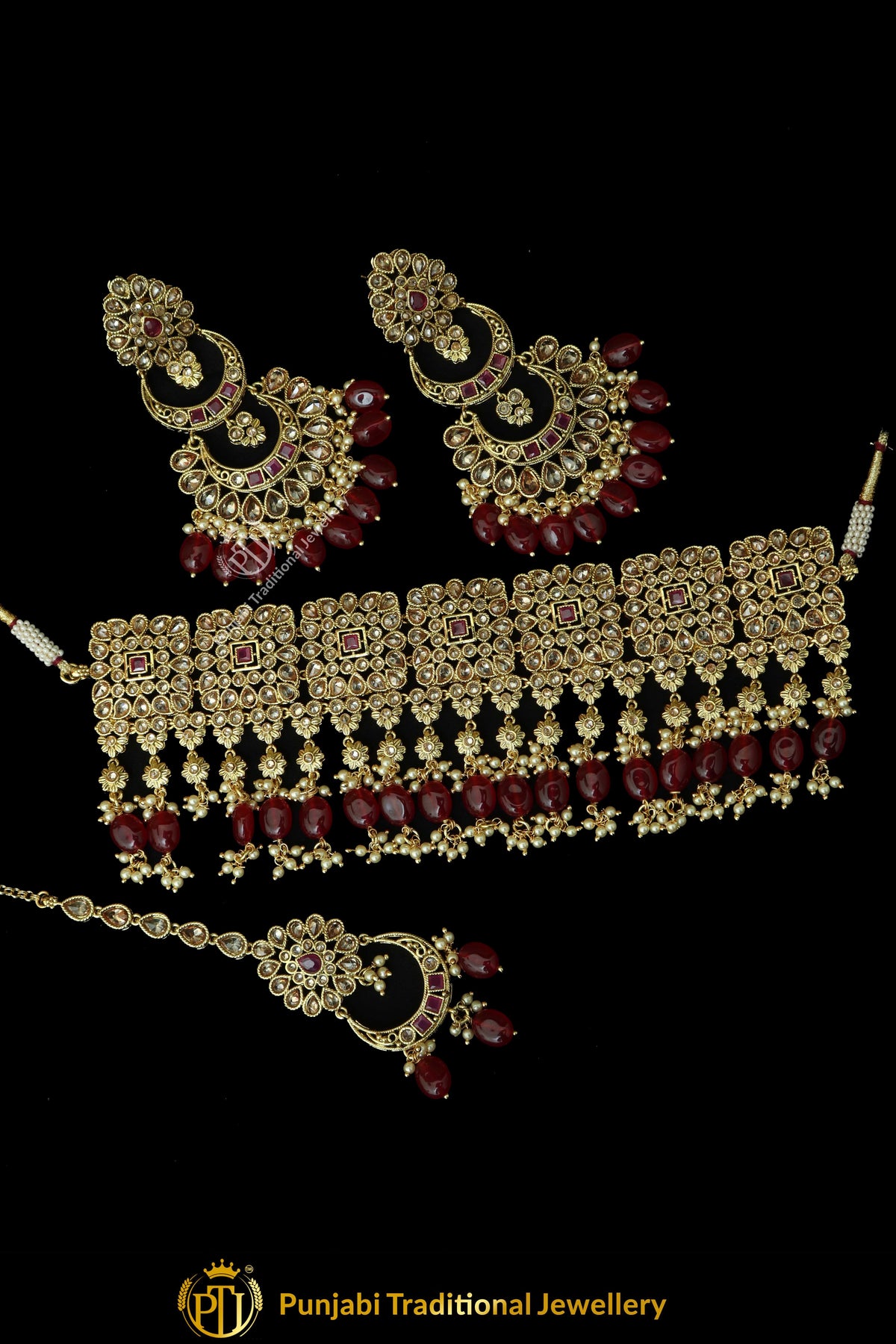 Assureds Rubby Champagne Stone Choker Set, Earrings With Tikka | Punjabi Traditional Jewellery