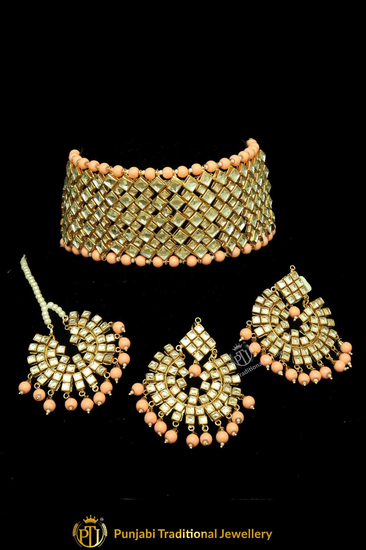 Zaza Gold Finished Peach Choker  Kundan Necklace Set | Punjabi Traditional Jewellery Exclusive