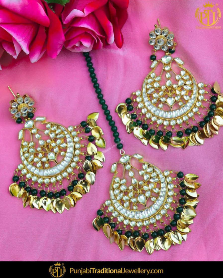 Emerald Pippal Patti Kundan Earrings Tika Set by Punjabi Traditional Jewellery