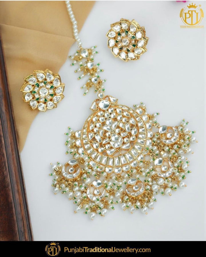 Gold Finished Green Kundan earrings tika | Punjabi Traditional Jewellery Exclusive