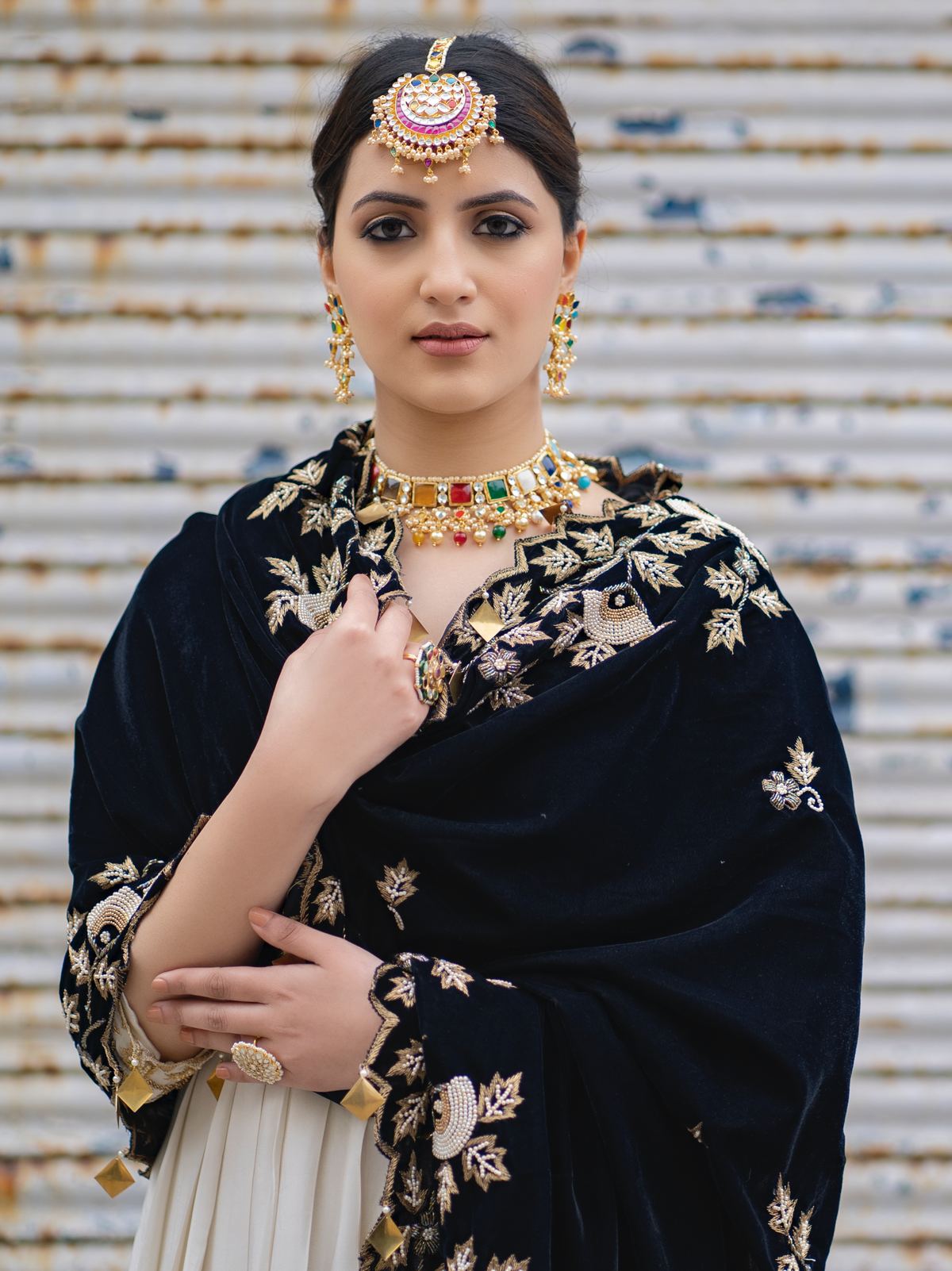 Gold Finished Navratan Kundan Choker Set with Tika By Punjabi Traditional Jewellery