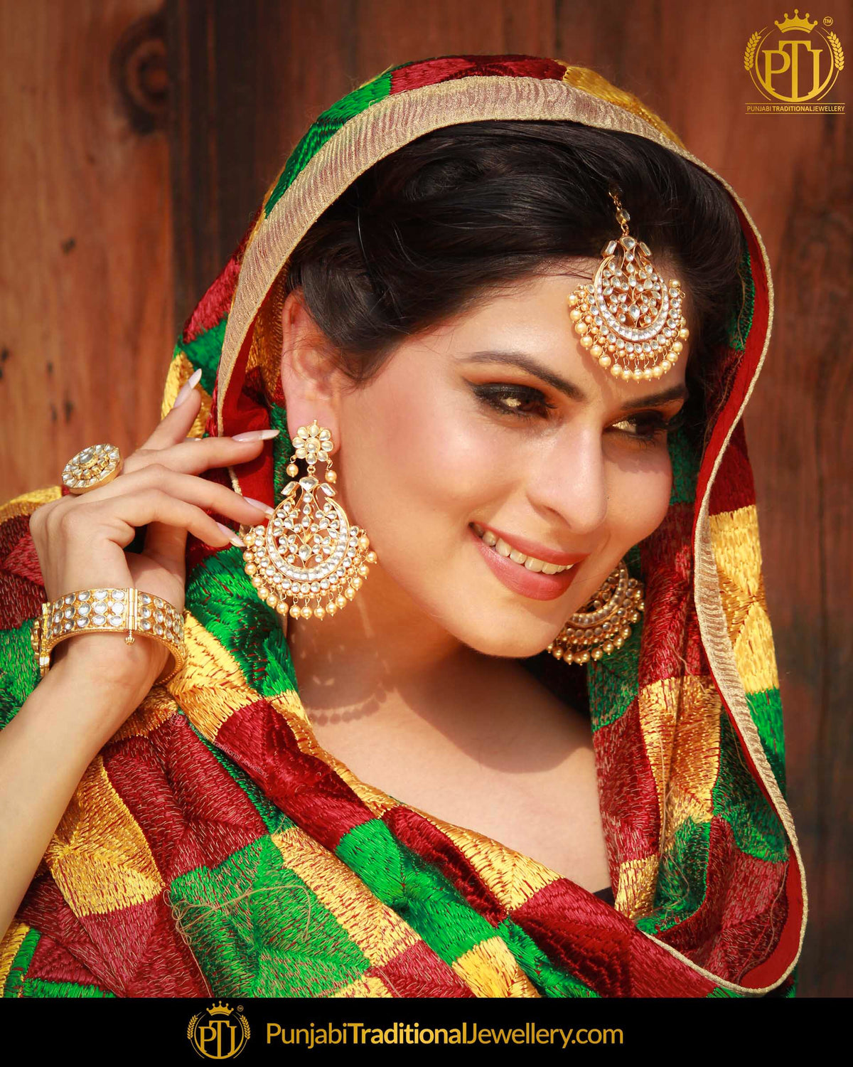 Gold Kundan Earrings Tika Set by Punjabi Traditional Jewellery