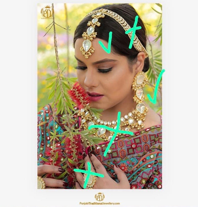 Kundan Earrings with Sahare & Three Tika Sets by Punjabi Traditional Jewellery