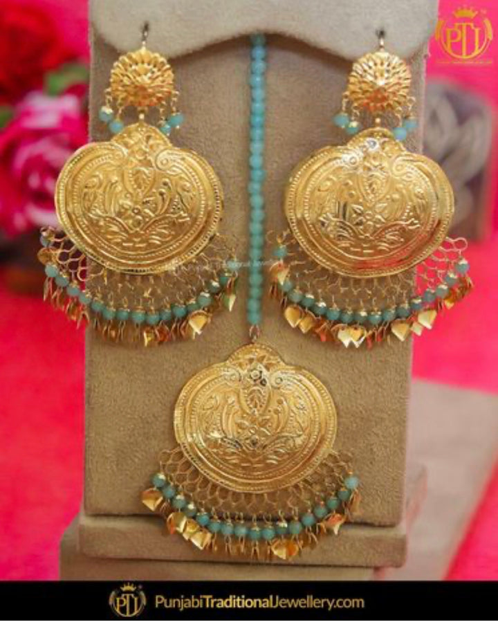 .Gold Finished Kundan Set & Earring Tikka Set By Punjabi Traditional Jewellery
