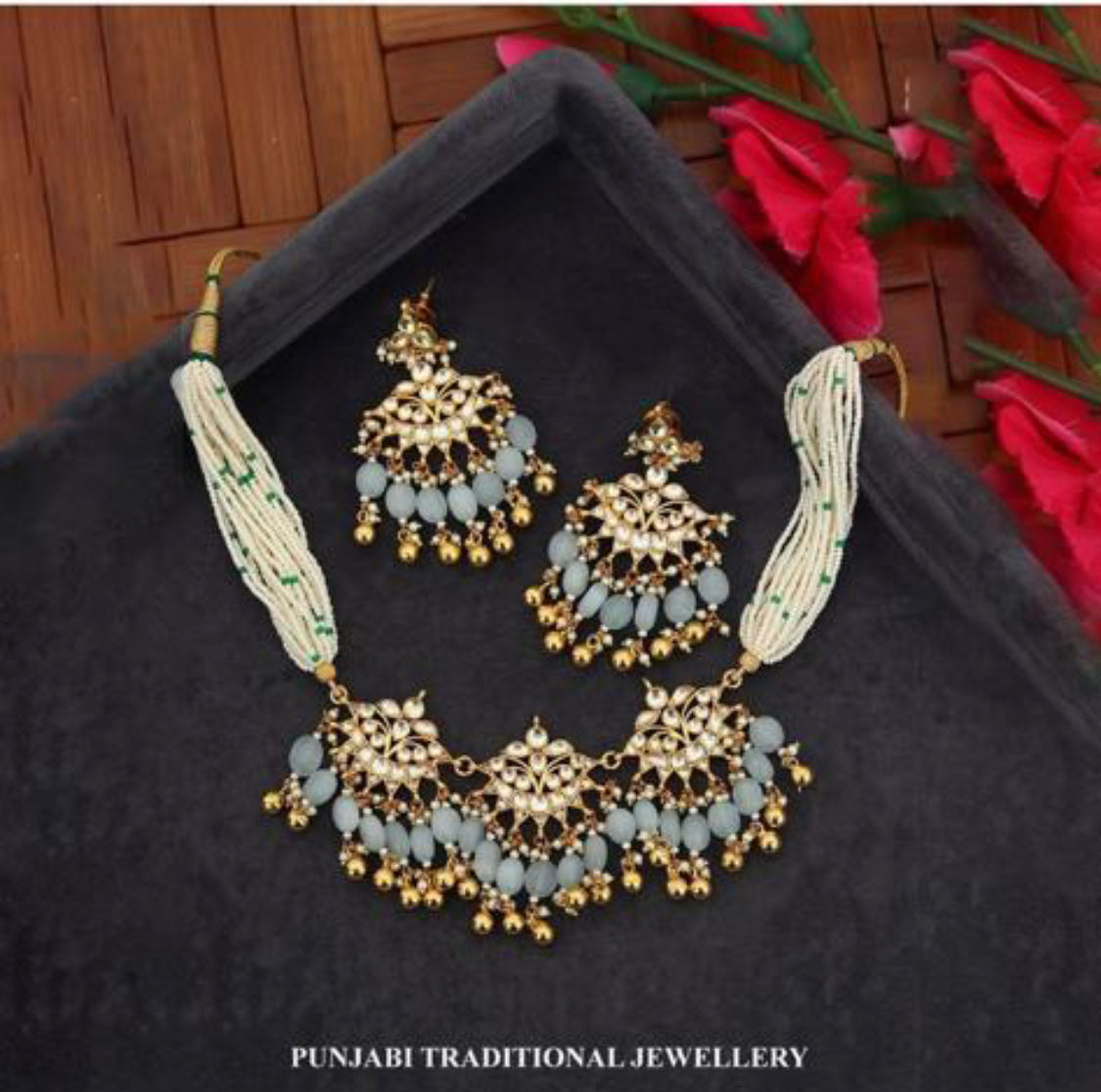 Kundan Necklace earring tika, Pista Set with Kundan Head Band & Jadau Hand Piece