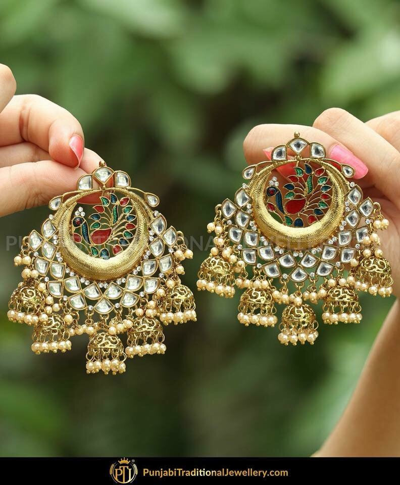 23k Gold and Diamond Polki Chand Bali Earring Pair with Antiqued Fresh – G.  K. Ratnam