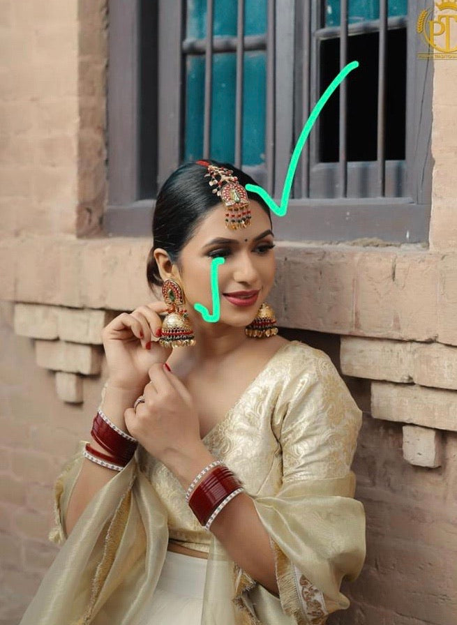 Kundan Earrings with Sahare & Three Tika Sets by Punjabi Traditional Jewellery