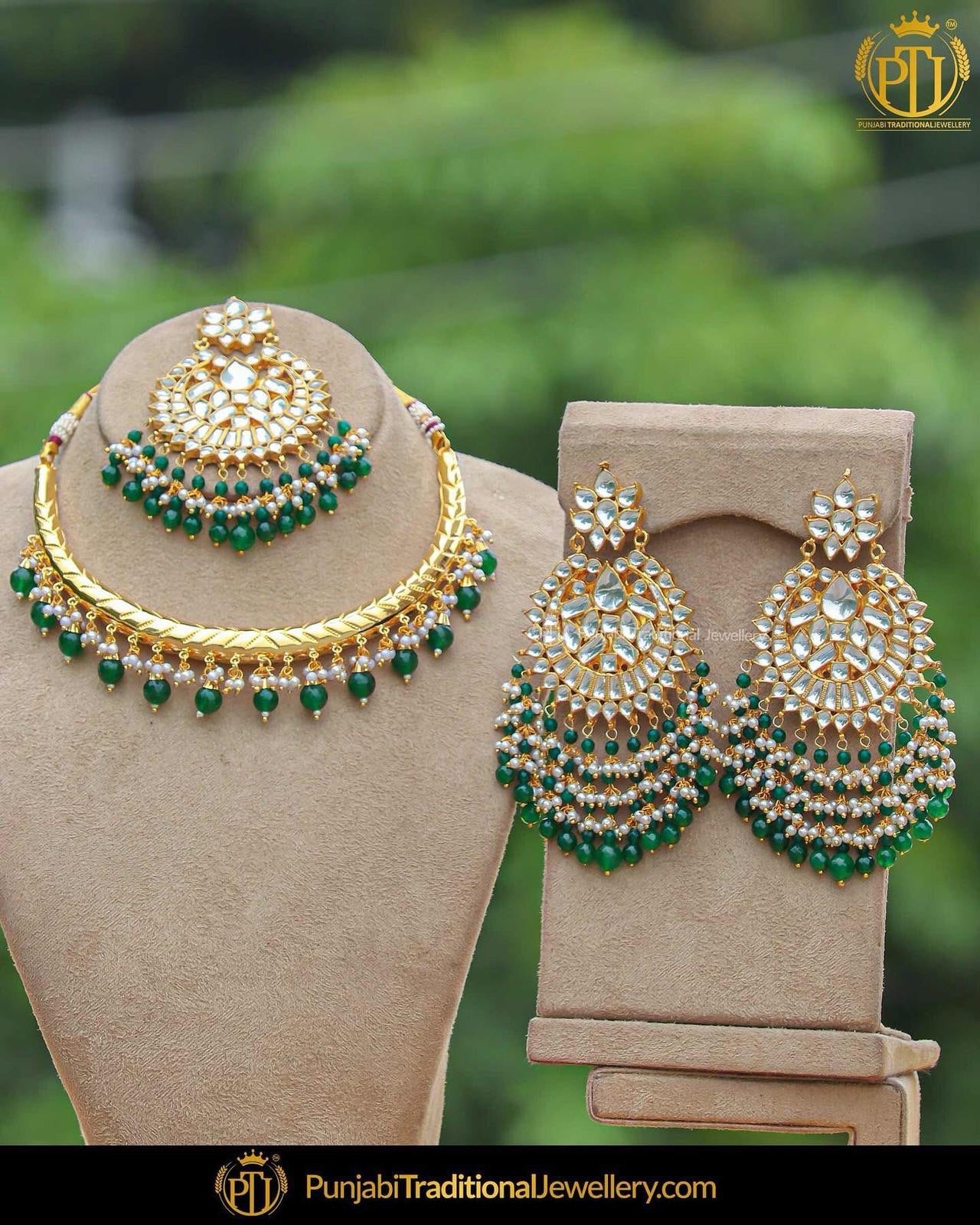 Gold Finished Emerald Kundan Hasli Set by Punjabi Traditional Jewellery
