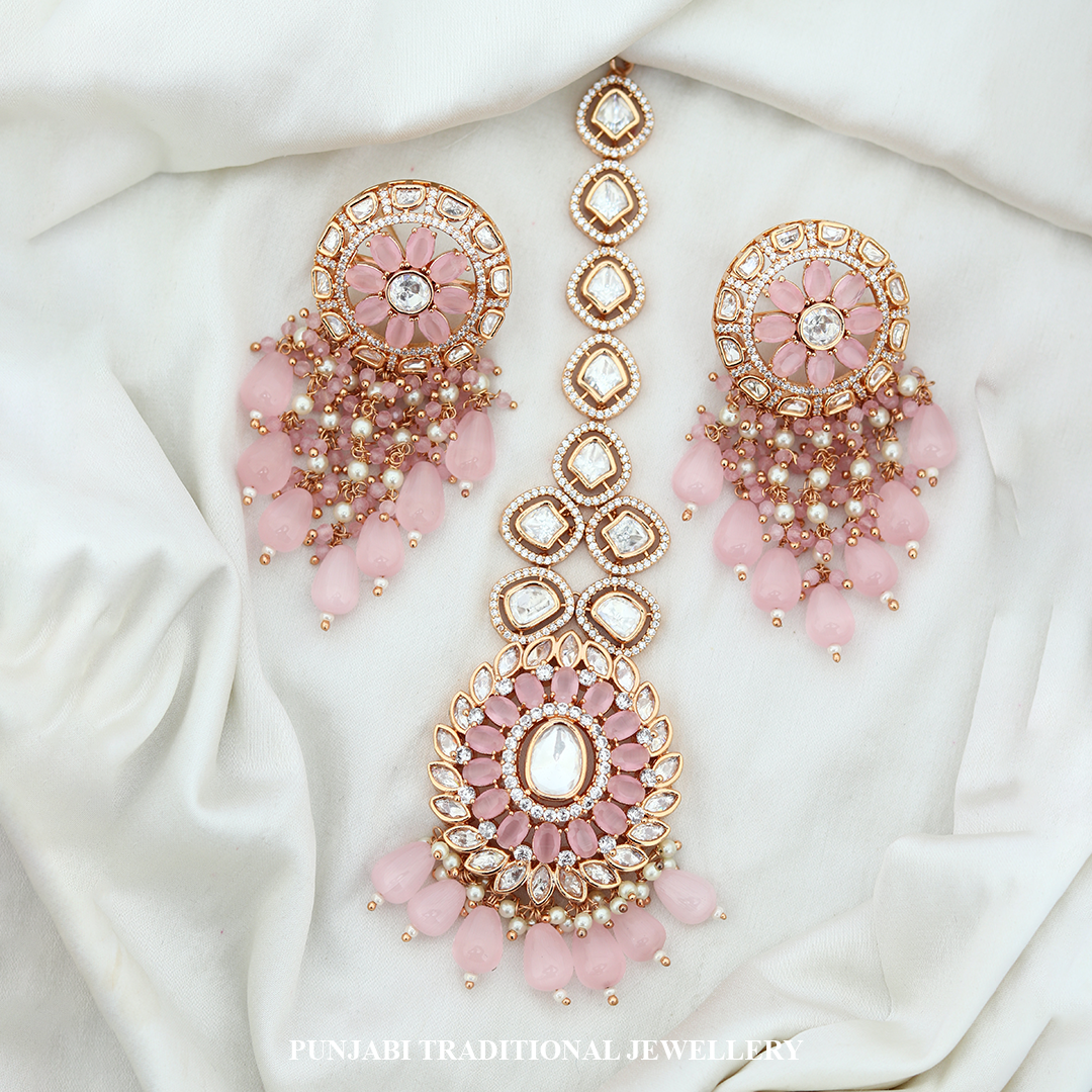 Gold Finished Pink Tika Set | Punjabi Traditional Jewellery Exclusive