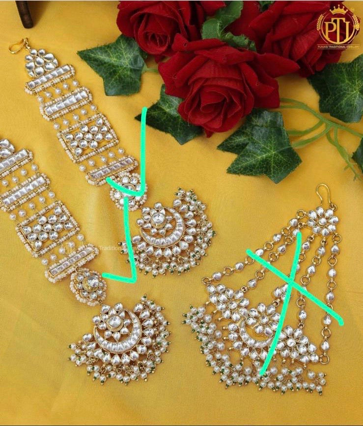 Kundan Earrings with Sahare & Three Tika Sets by Punjabi Traditional Jewellery