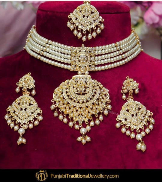 Gold Finished Jadau Pearl Choker Set By Punjabi Traditional Jewellery