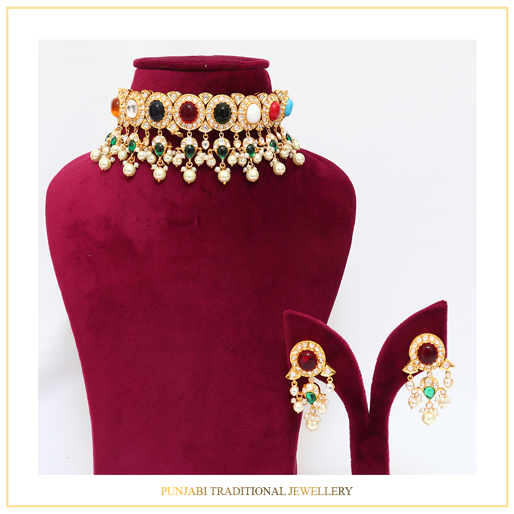 Gold Finished Navratan Kundan Choker Set | Punjabi Traditional Jewellery Exclusive