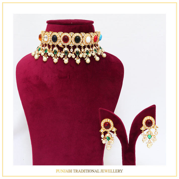 Gold Finished Navratan Kundan Choker Set | Punjabi Traditional Jewellery Exclusive