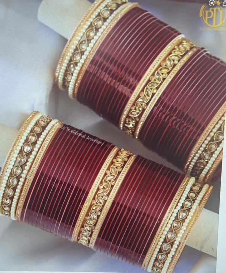 Champagne Stone Maroon Bridal Chura | Punjabi Traditional Jewellery Exclusive