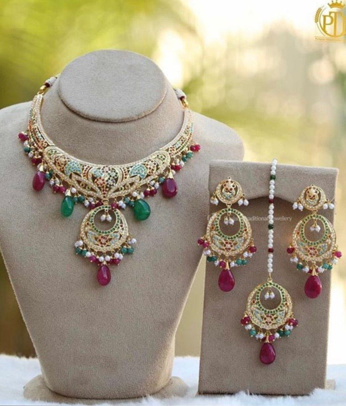 Gold Finished Navratan Jadau Necklace Set by Punjabi Traditional Jewellery
