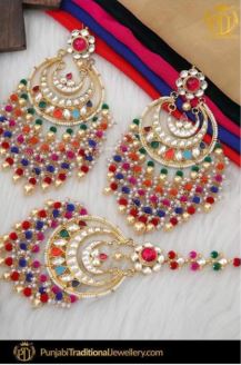 Gold Finished Navratan Kundan Earrings & Tikka Set | Punjabi traditional Jewellery Exclusive