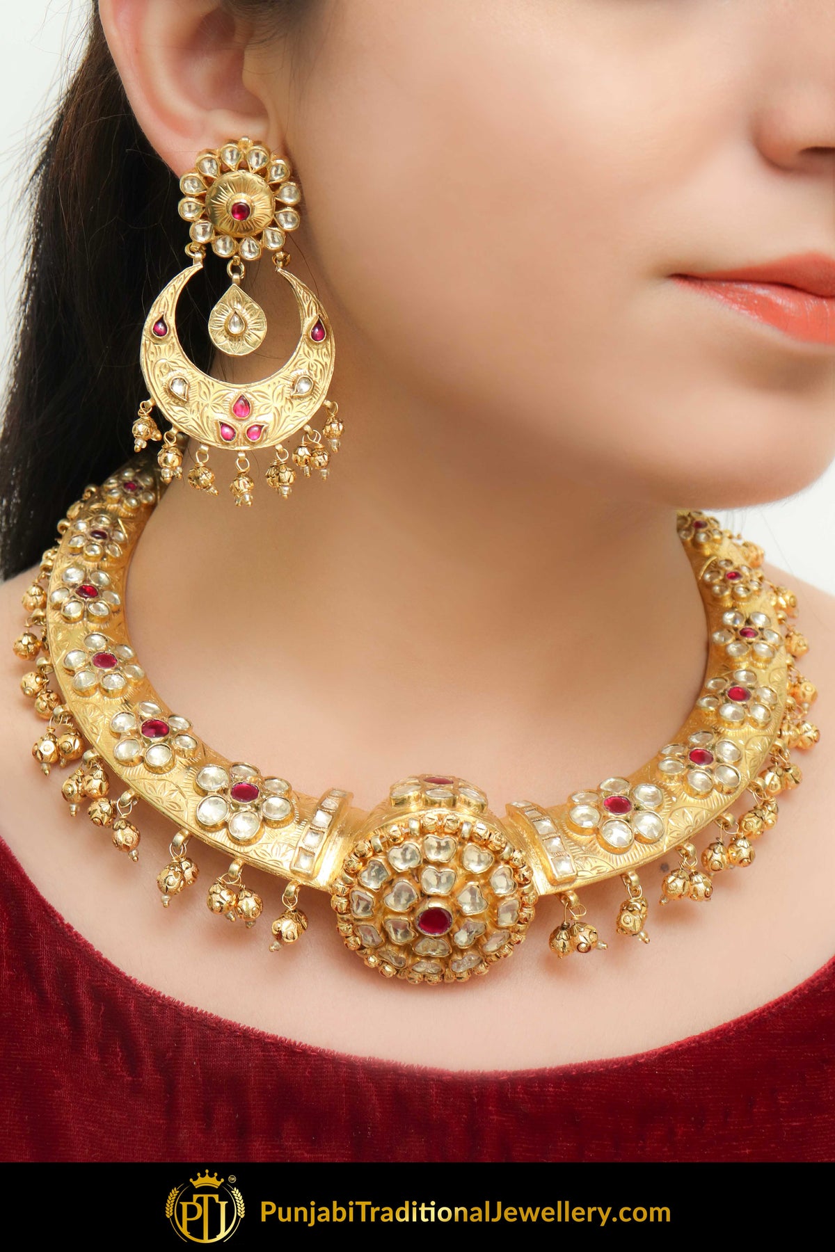 Alvina Gold Finished Rubby Kundan Hasli Necklace & Earrings | Punjabi Traditional Jewellery Exclusive
