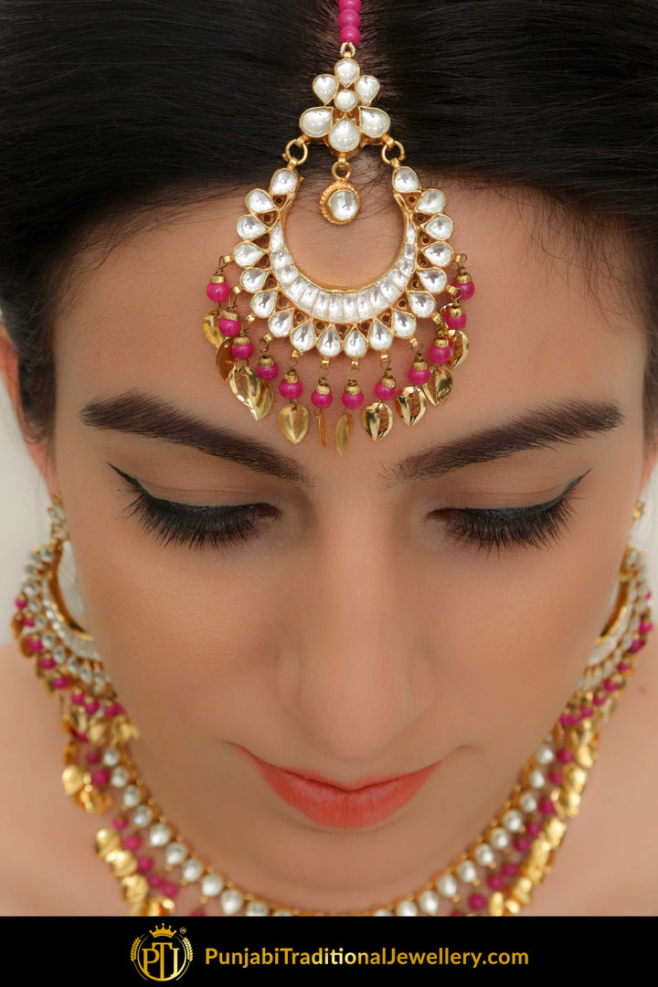 Ajradah Pink Pippal Patti Kundan Necklace, Earrings With Tikka Set | Punjabi Traditional Jewellery Exclusive