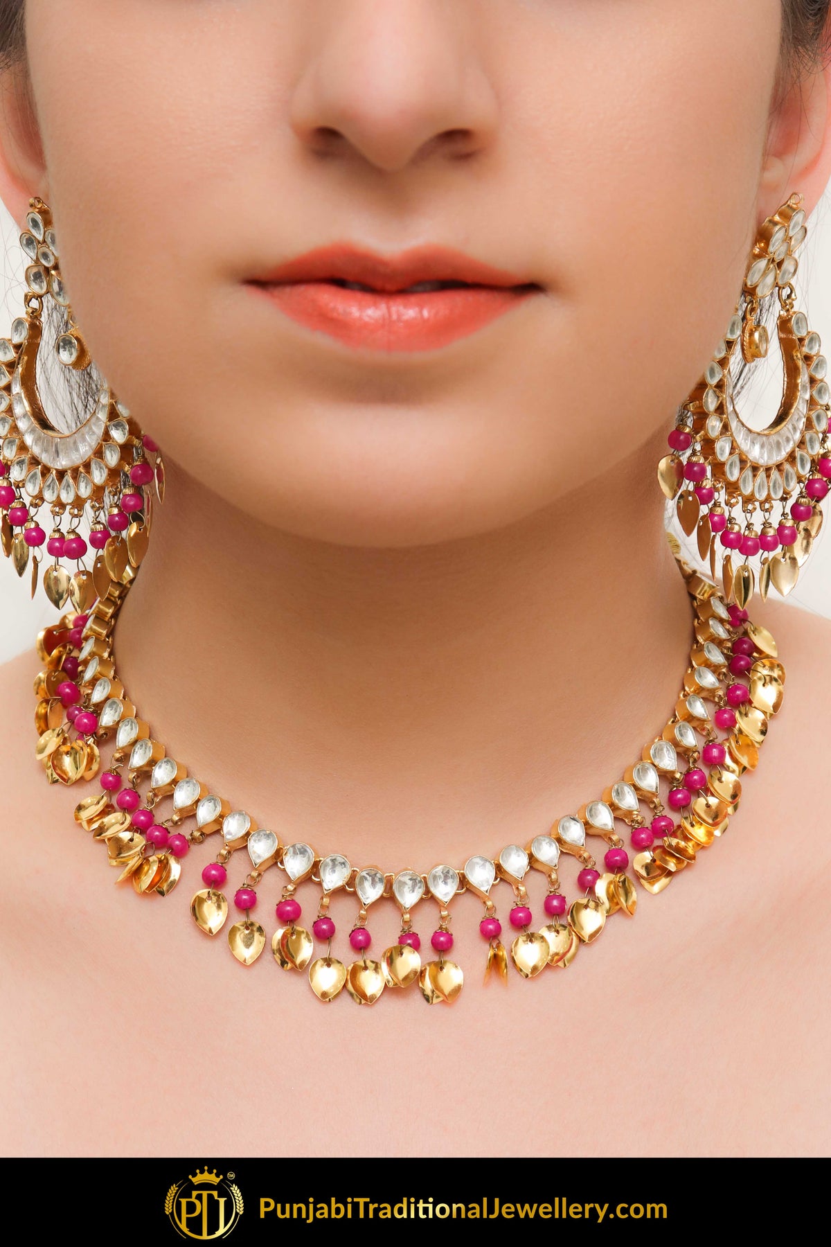 Ajradah Pink Pippal Patti Kundan Necklace, Earrings With Tikka Set | Punjabi Traditional Jewellery Exclusive