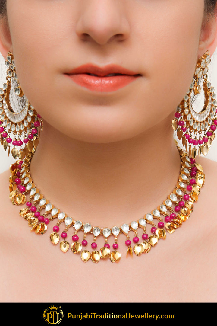 Ajradah Pink Pippal Patti Kundan Necklace, Earrings With Tikka Set | Punjabi Traditional Jewellery Exclusive