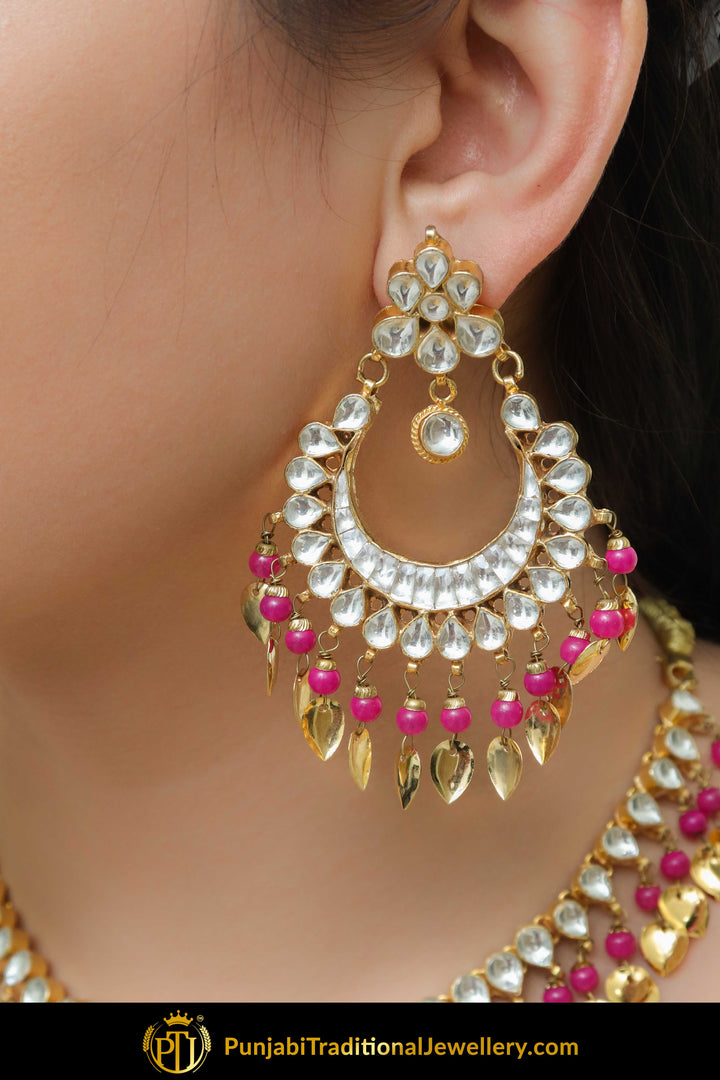 Ajradah Pink Pippal Patti Kundan Necklace With Earrings | Punjabi Traditional Jewellery Exclusive
