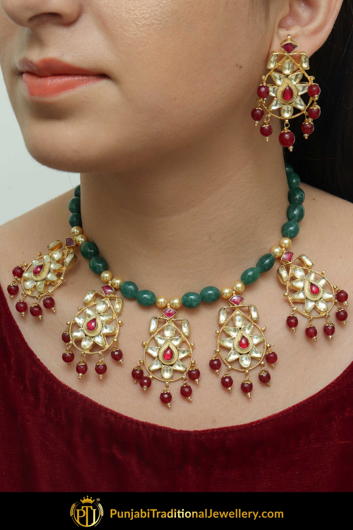 Hafsah Emerald Rubby Kundan Necklace & Earring Set | Punjabi Traditional Jewellery Exclusive