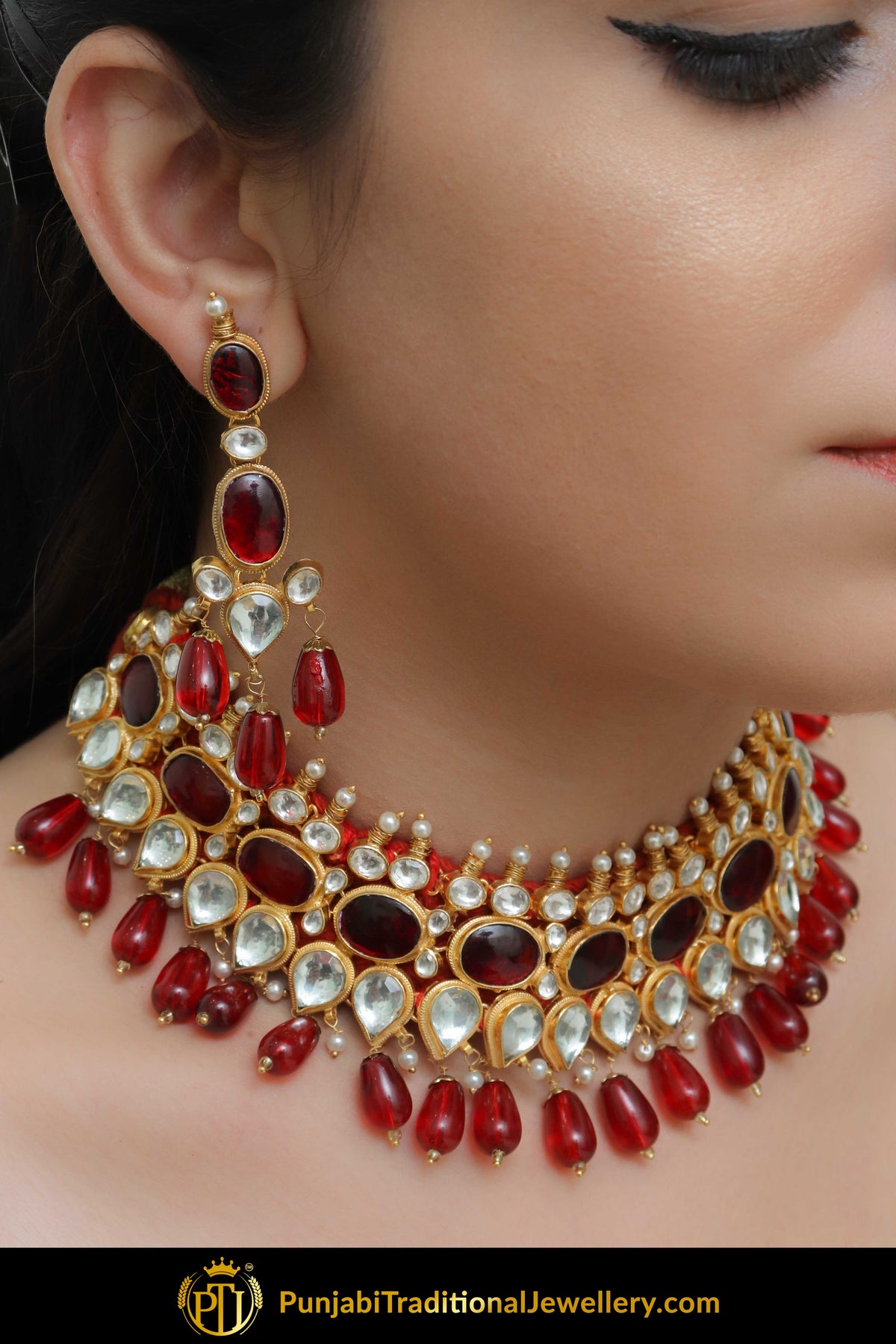 Allmria Rubby Kundan Necklace, Tikka & Earring Set | Punjabi Traditional Jewellery Exclusive