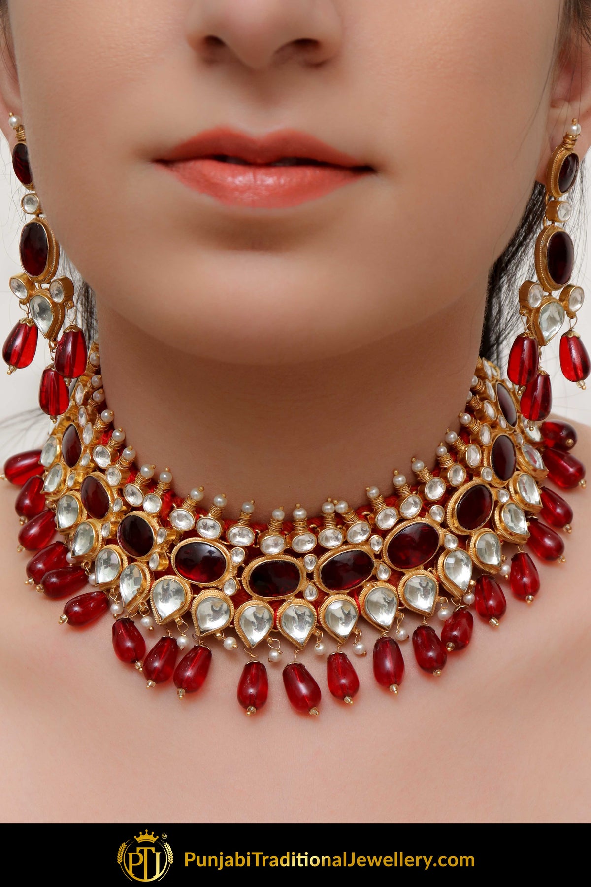 Allmria Rubby Kundan Necklace, Tikka & Earring Set | Punjabi Traditional Jewellery Exclusive