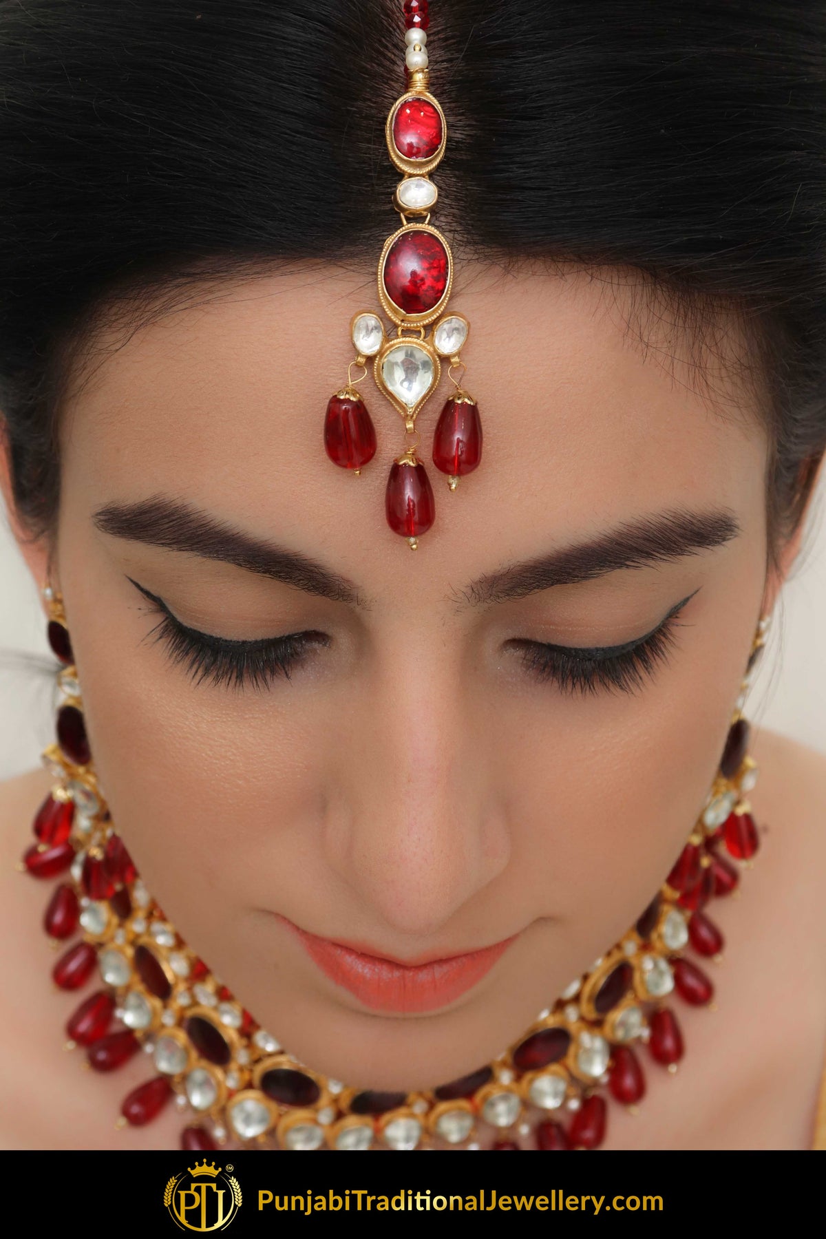 Allmria Rubby Kundan Necklace, Tikka & Earring Set | Punjabi Traditional Jewellery Exclusive