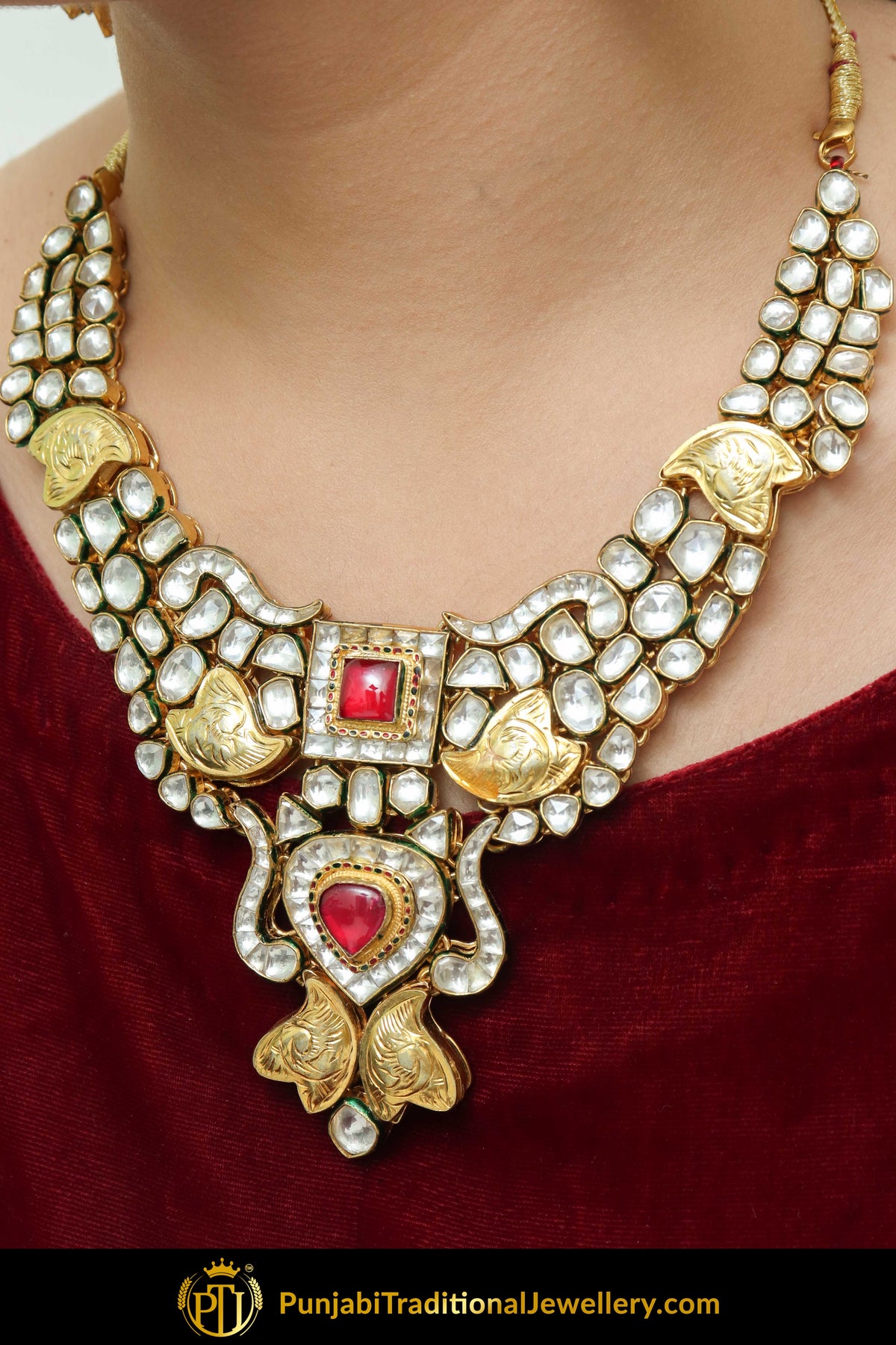 Hajar Gold Finished Rubby Kundan Necklace & Earring Set | Punjabi Traditional Jewellery Exclusive