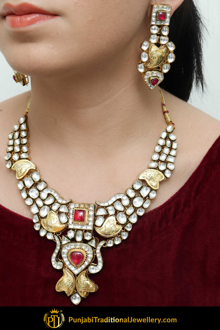 Hajar Gold Finished Rubby Kundan Necklace & Earring Set | Punjabi Traditional Jewellery Exclusive