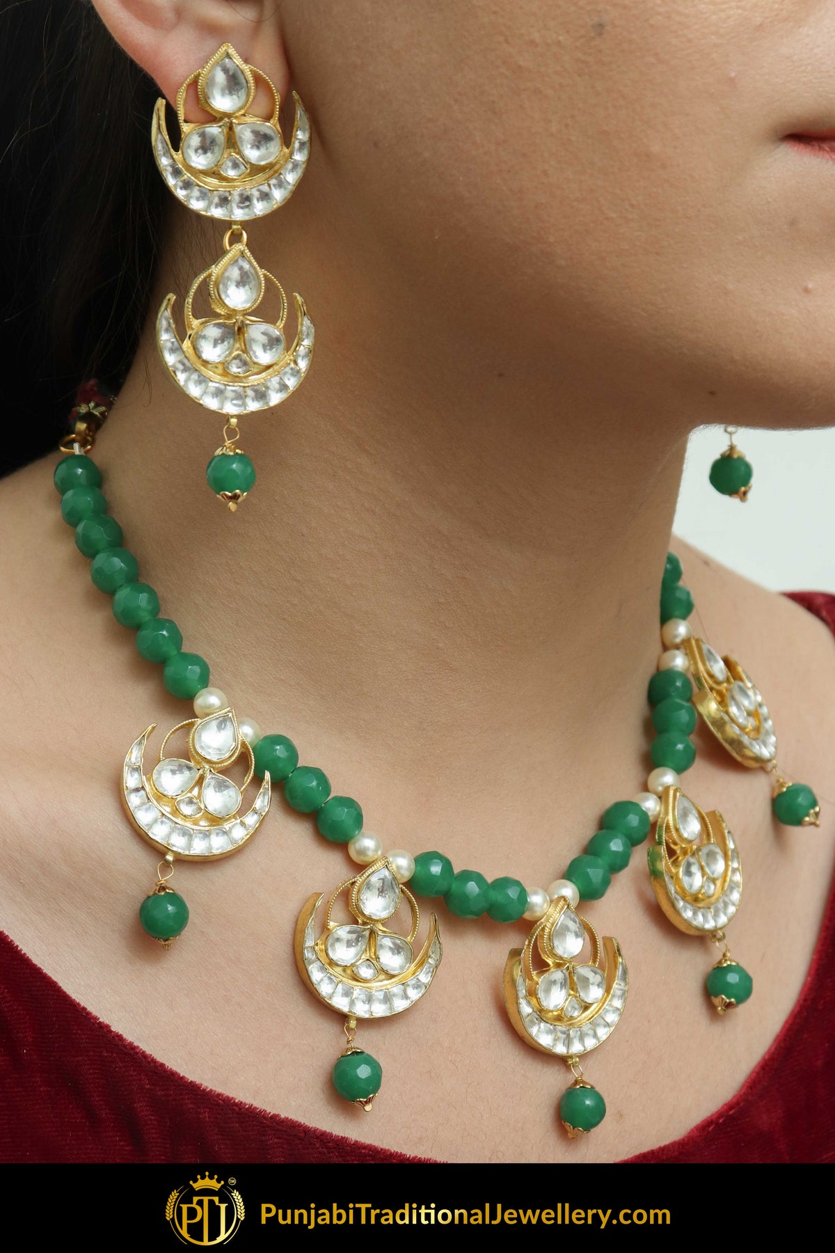 Kashil Emerald Kundan & Pearl Necklace & Earring Set | Punjabi Traditional Jewellery Exclusive