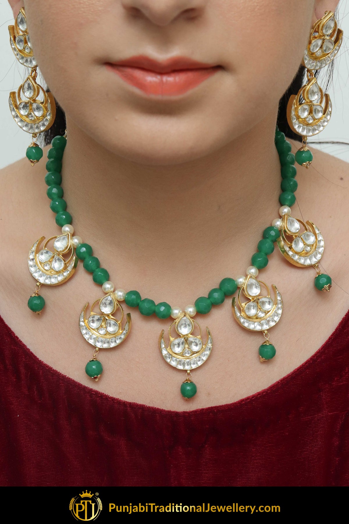 Kashil Emerald Kundan & Pearl Necklace & Earring Set | Punjabi Traditional Jewellery Exclusive
