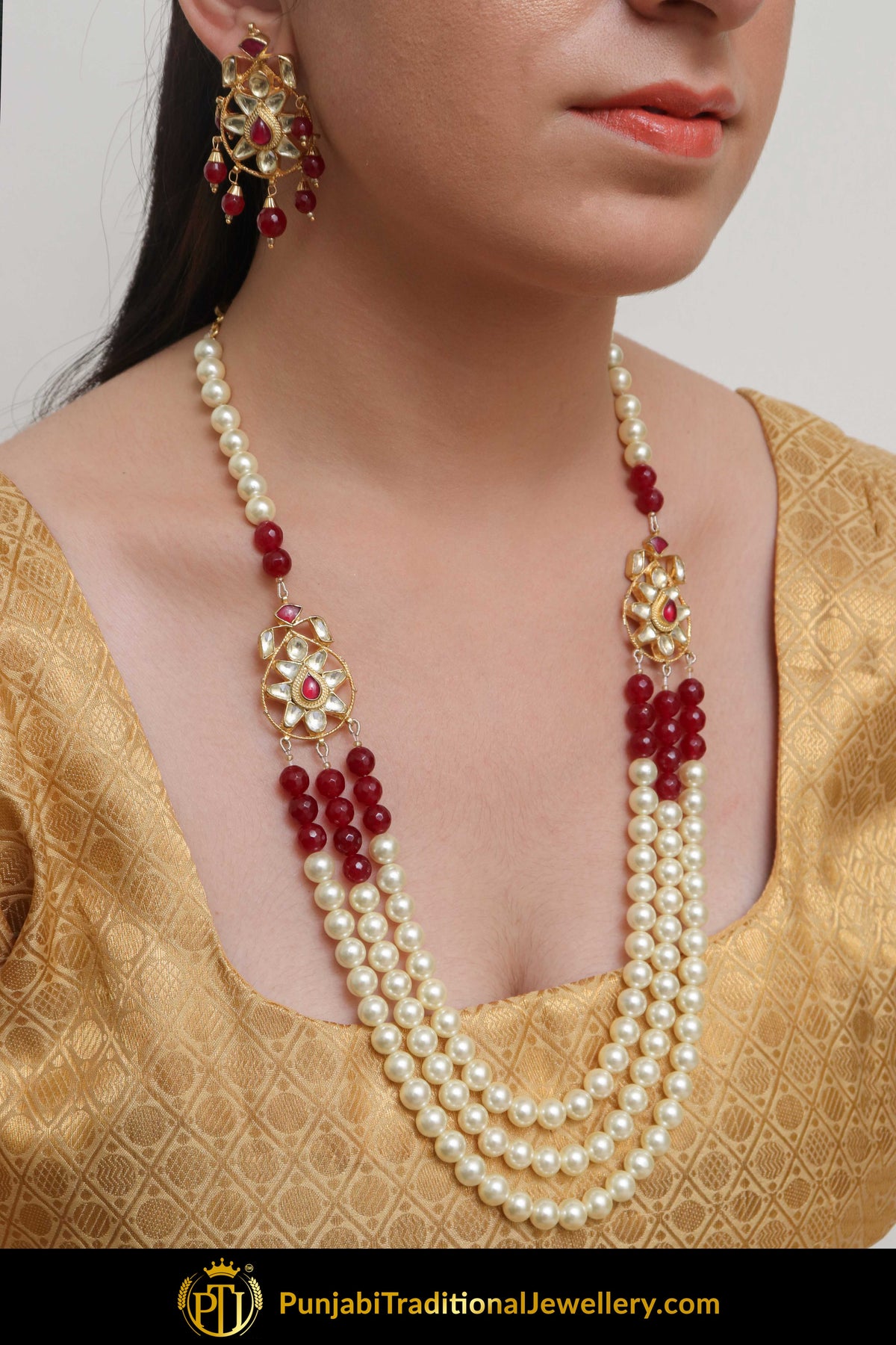 Aresha Rubby Kundan & Pearl Mala Necklace & Earring Set | Punjabi Traditional Jewellery Exclusive