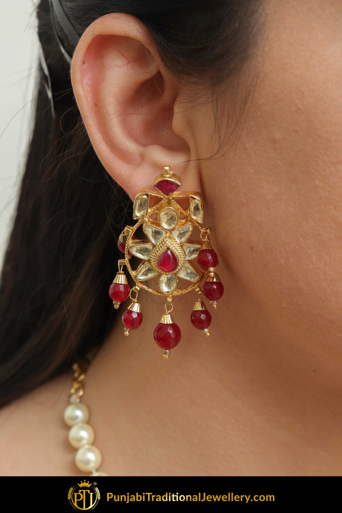 Aresha Rubby Kundan & Pearl Mala Necklace & Earring Set | Punjabi Traditional Jewellery Exclusive