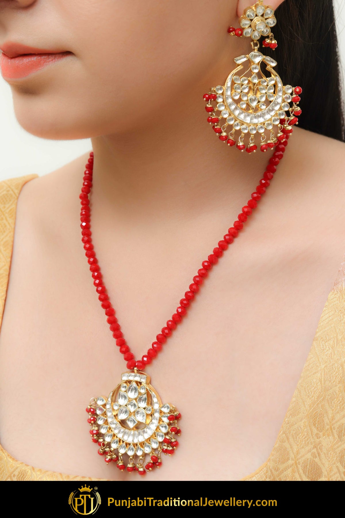 Aminah Rubby Kundan Necklace, Tikka & Earrings | Punjabi Traditional Jewellery Exclusive