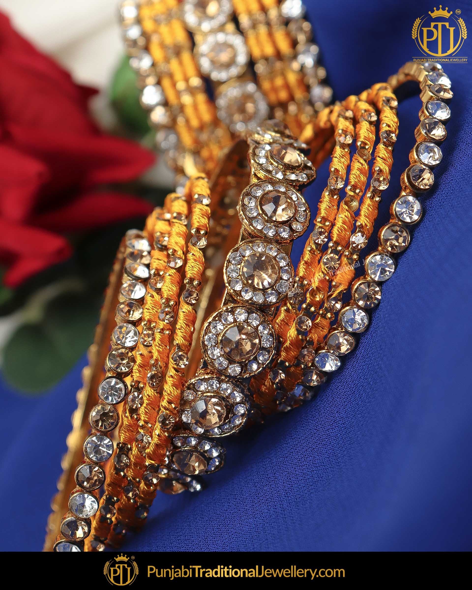 Yellow Thread Champagne Stone Bangles Set (Both Hand Pair) | Punjabi Traditional Jewellery Exclusive