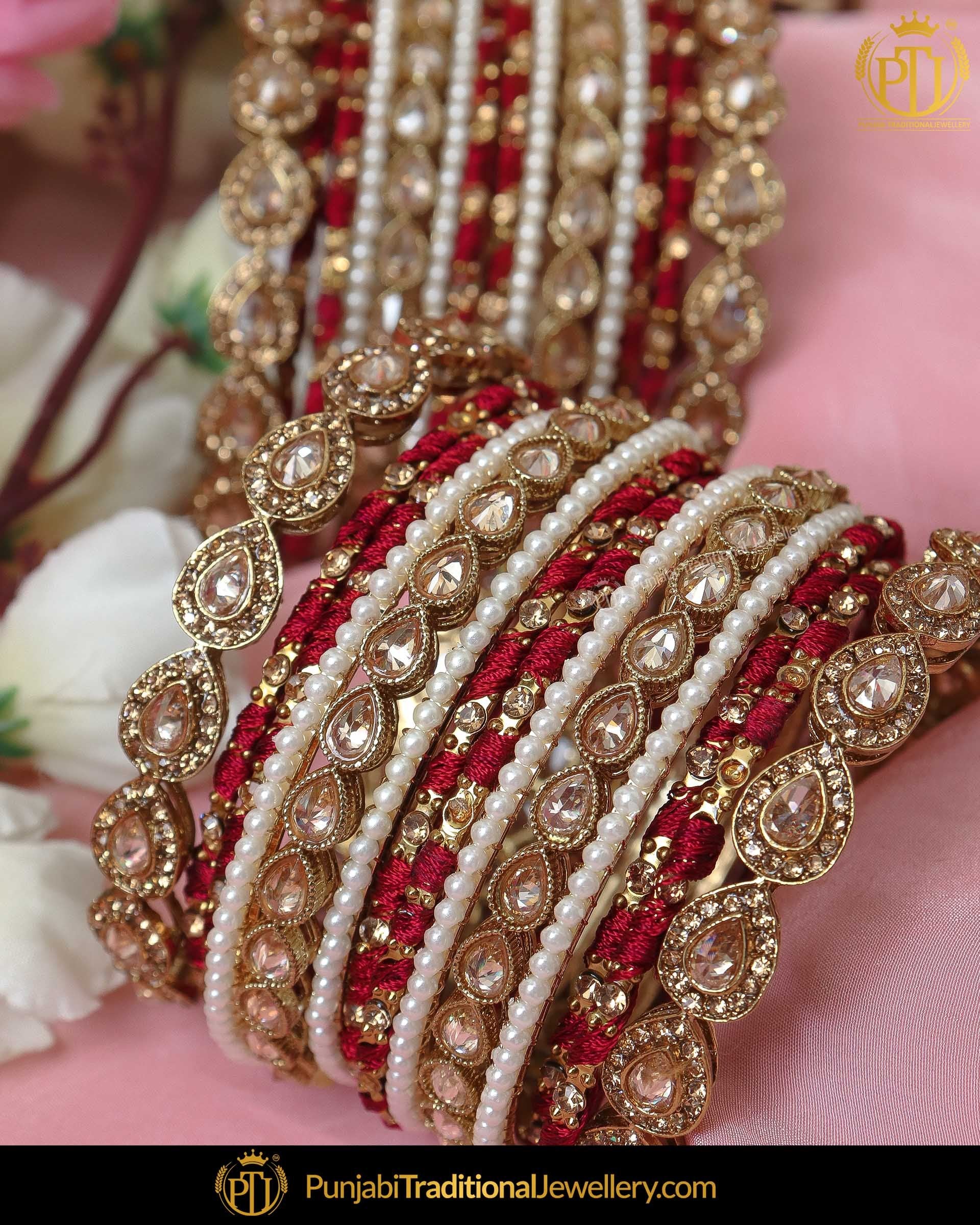 Red Thread Champagne Stone Bangles Set (Both Hand Pair) | Punjabi Traditional Jewellery Exclusive