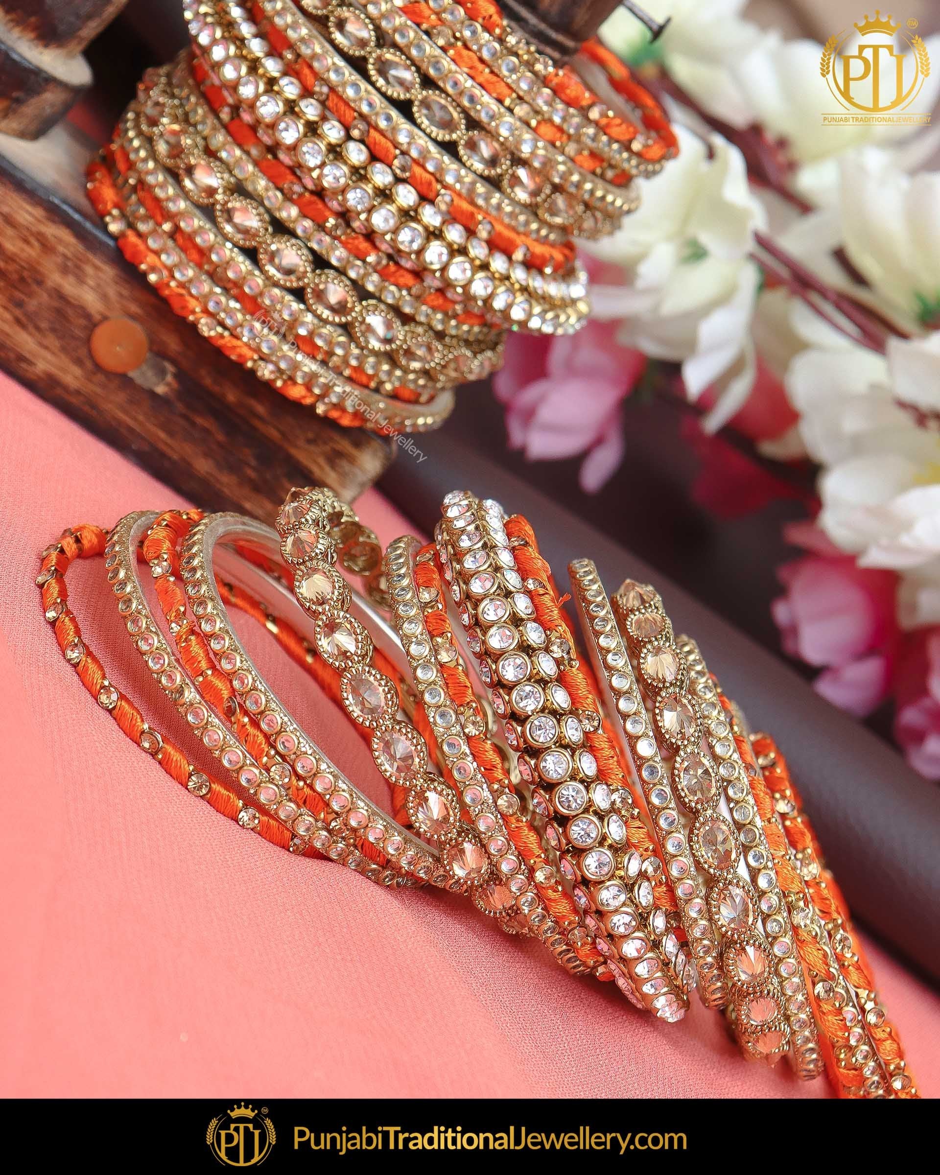 Orange Thread Champagne Stone Bangles Set (Both Hand Pair) | Punjabi Traditional Jewellery Exclusive