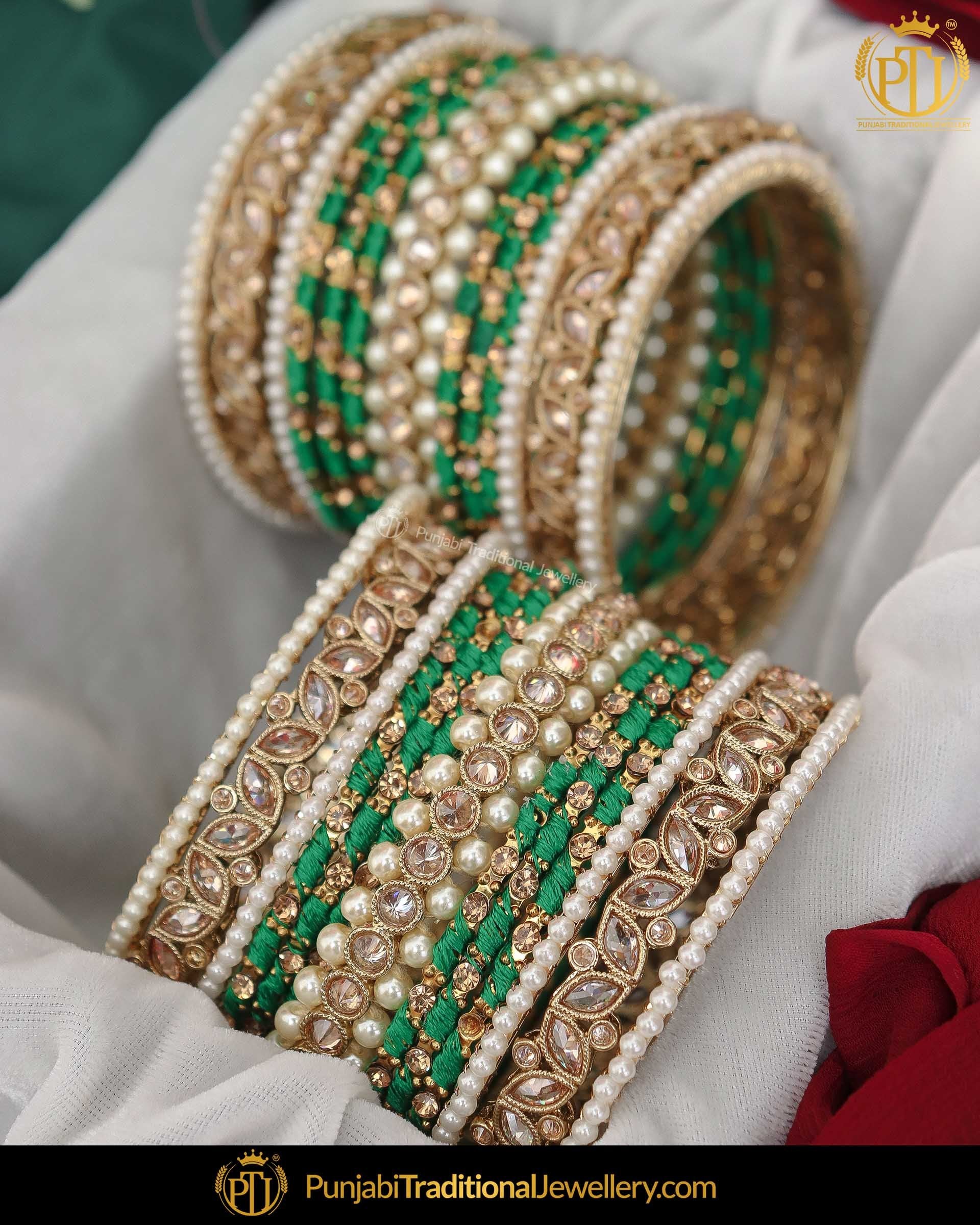 Green Thread Champagne Stone Bangles Set (Both Hand Pair) | Punjabi Traditional Jewellery Exclusive