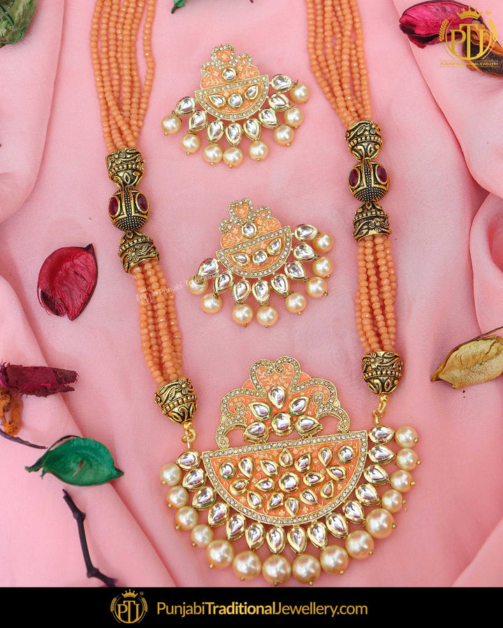 Hand Painted Orange Pearl Mala Long Necklace Set | Punjabi Traditional Jewellery Exclusive