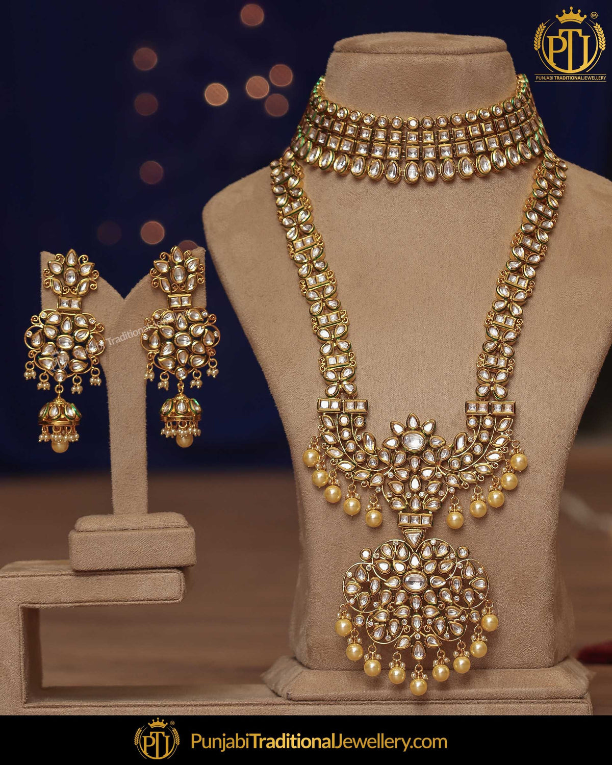 Gold Finished Pearl Choker & Long Necklace Set | Punjabi Traditional Jewellery Exclusive