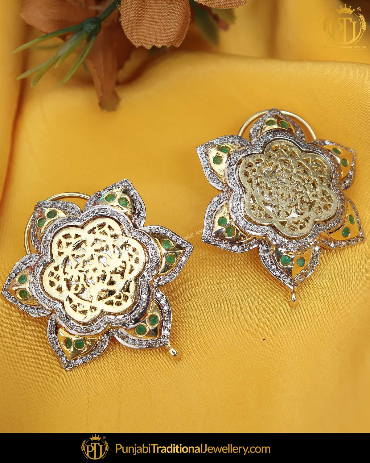 Gold Finished Green Stud Earrings | Punjabi Traditional Jewellery Exclusive
