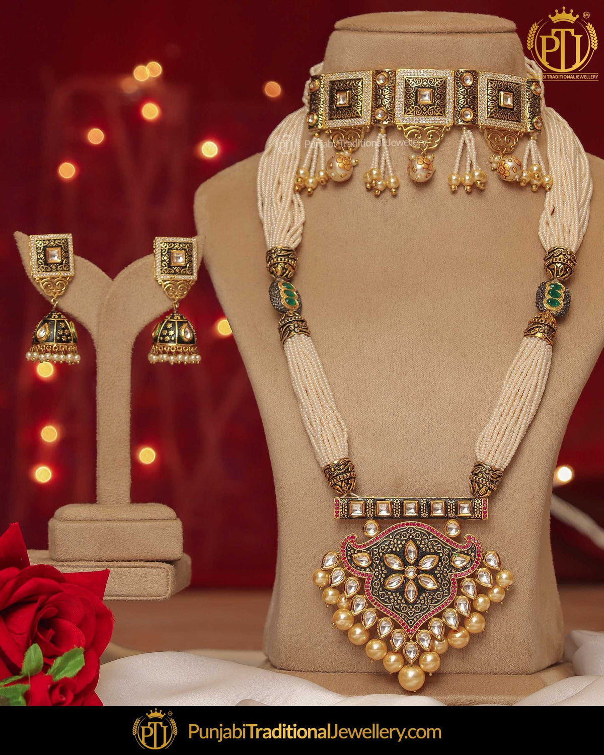 Hand Painted Meena Pearl Choker & Long Mala Necklace Set | Punjabi Traditional Jewellery Exclusive